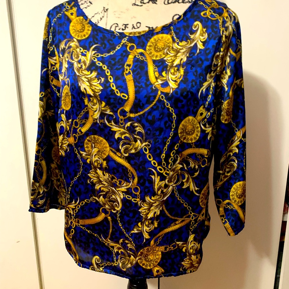 Blue and gold Greco Roman baroque style blouse